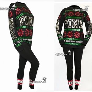 PINK Victoria’s Secret M/L BLING SEQUIN XMAS OUTFIT CREW LEGGINGS